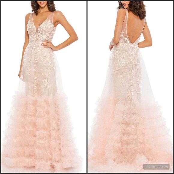 $998 Mac Duggal 11183 Lace Ruffle Tiered Plunge Neck Gown Dress Peach 4 - Picture 1 of 13
